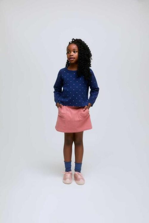 MAGLIONE DA BAMBINA IN MAGLIA BLU NAVY CON POIS ROSA