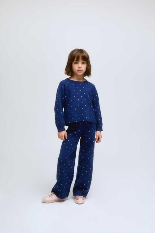 PANTALONI DA BAMBINA IN MAGLIA BLU NAVY CON POIS ROSA