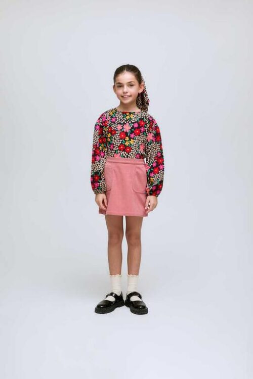 GONNA CORTA IN VELLUTO ROSA DA BAMBINA CON TASCHE FRONTALI