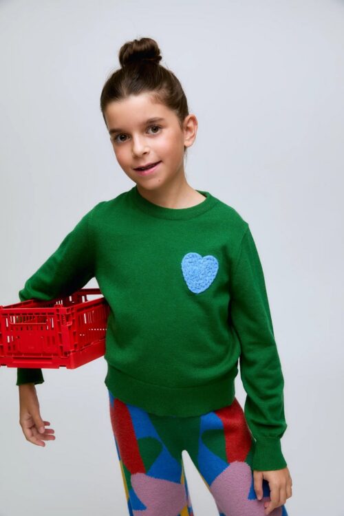 MAGLIONE DA BAMBINA IN MAGLIA VERDE CON RICAMO A CUORE BLU